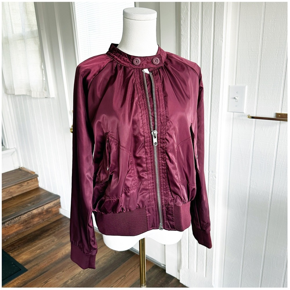 Free People Womens Midnight Bomber Jacket Sz M Wine Satin Utility Gorpcore Indie